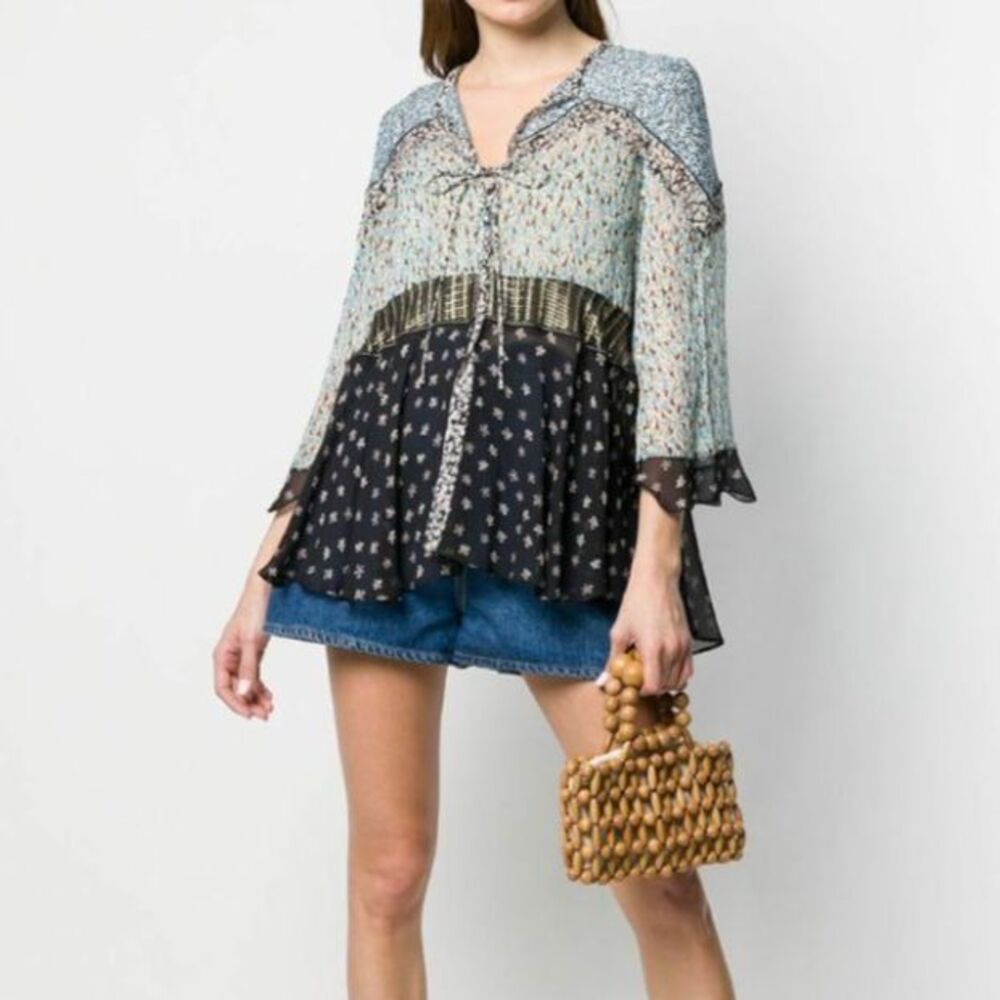 Dorothee Schumacher Silk Blend Energetic Boho Bell Sleeve Blouse 10 Blue